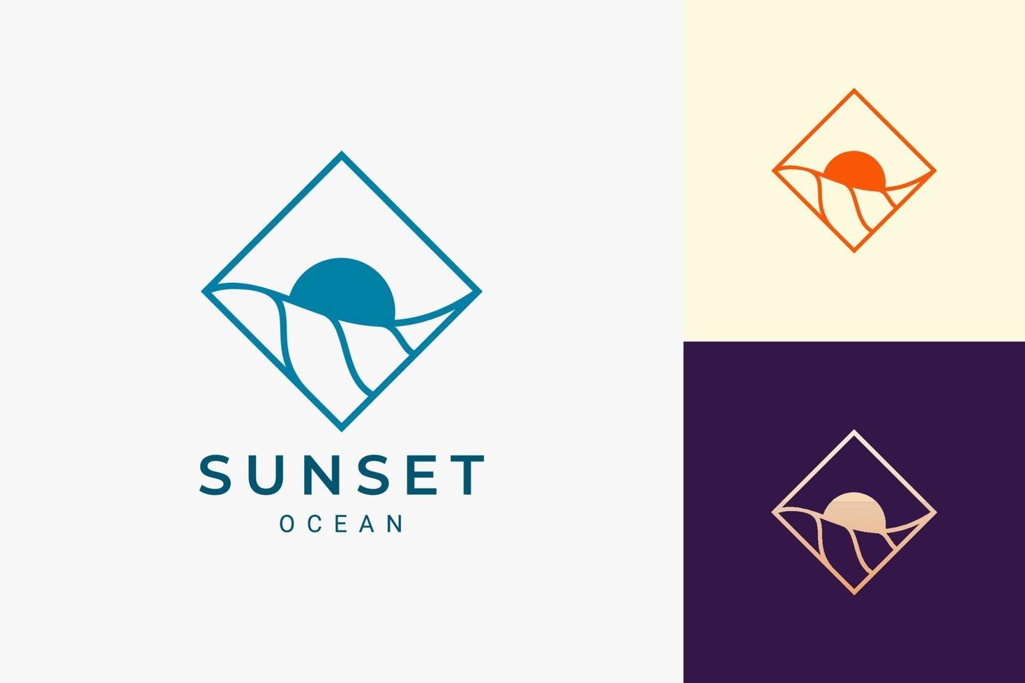 logo océan ou surf en simple losange avec forme de vague et de soleil vecteur
