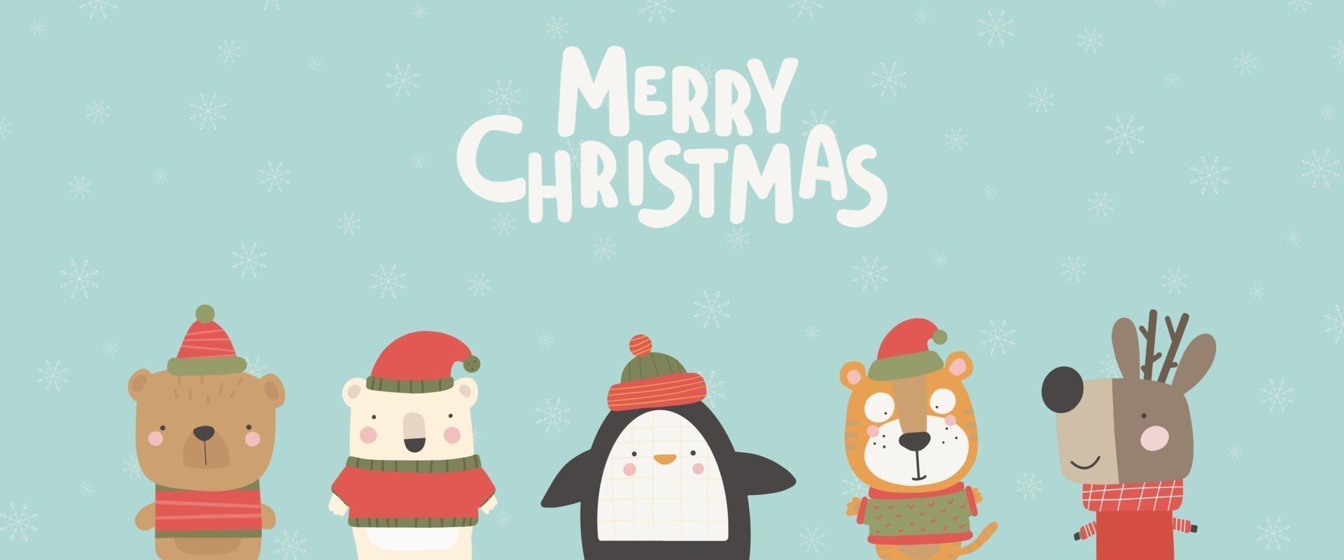 carte de Noël avec des animaux mignons. carte de voeux de personnages dessinés à la main vecteur