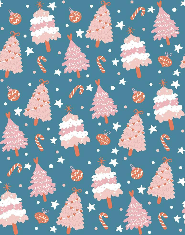 mignonne de fête Noël modèle transparent, rose Noël pin arbre isolé sur bleu arrière-plan, vecteur