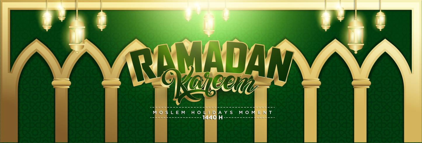 Vert &amp; Or Ramadan Kareem Fond 1440 Hijr avec Ramadan Kareem 3d lettrage texte vecteur