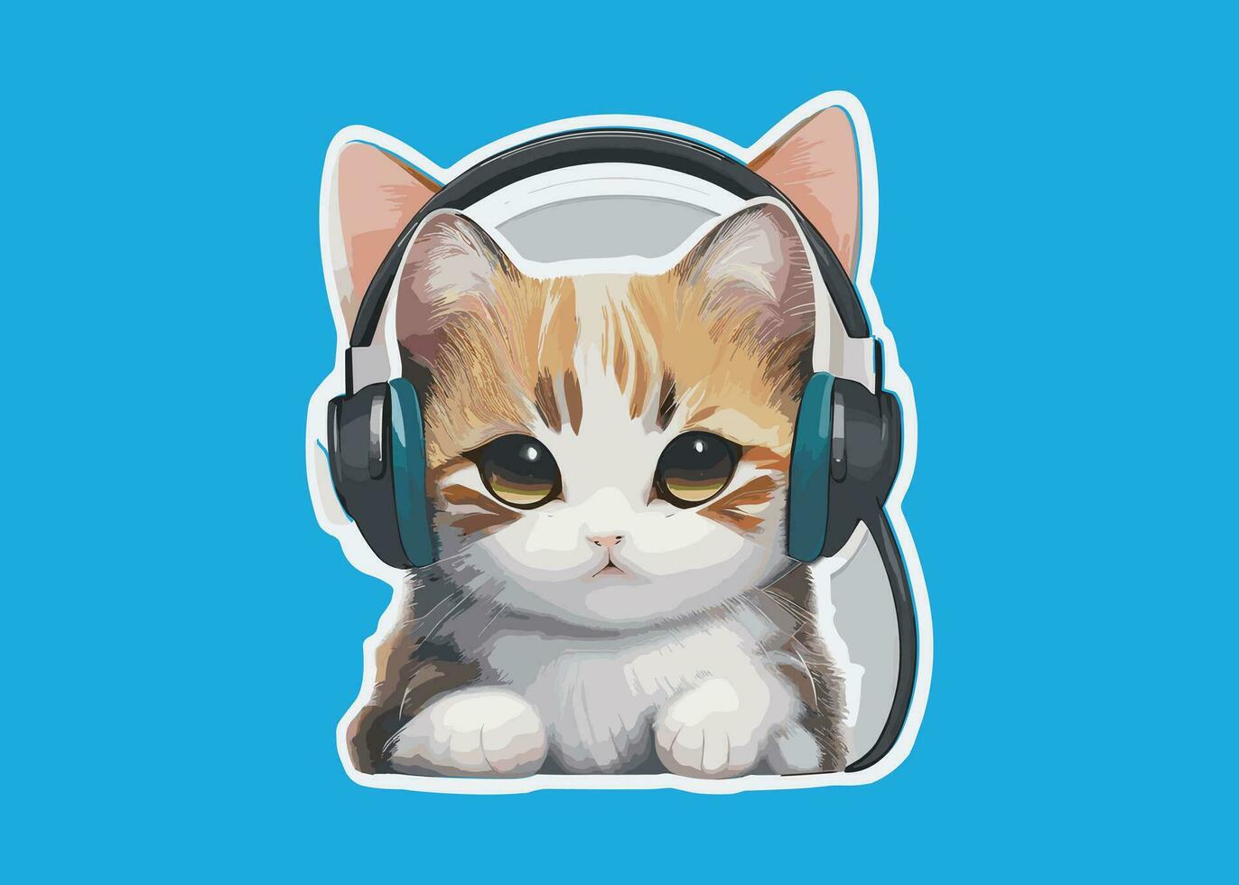 autocollant une mignonne peu chat portant une casque de musique vecteur