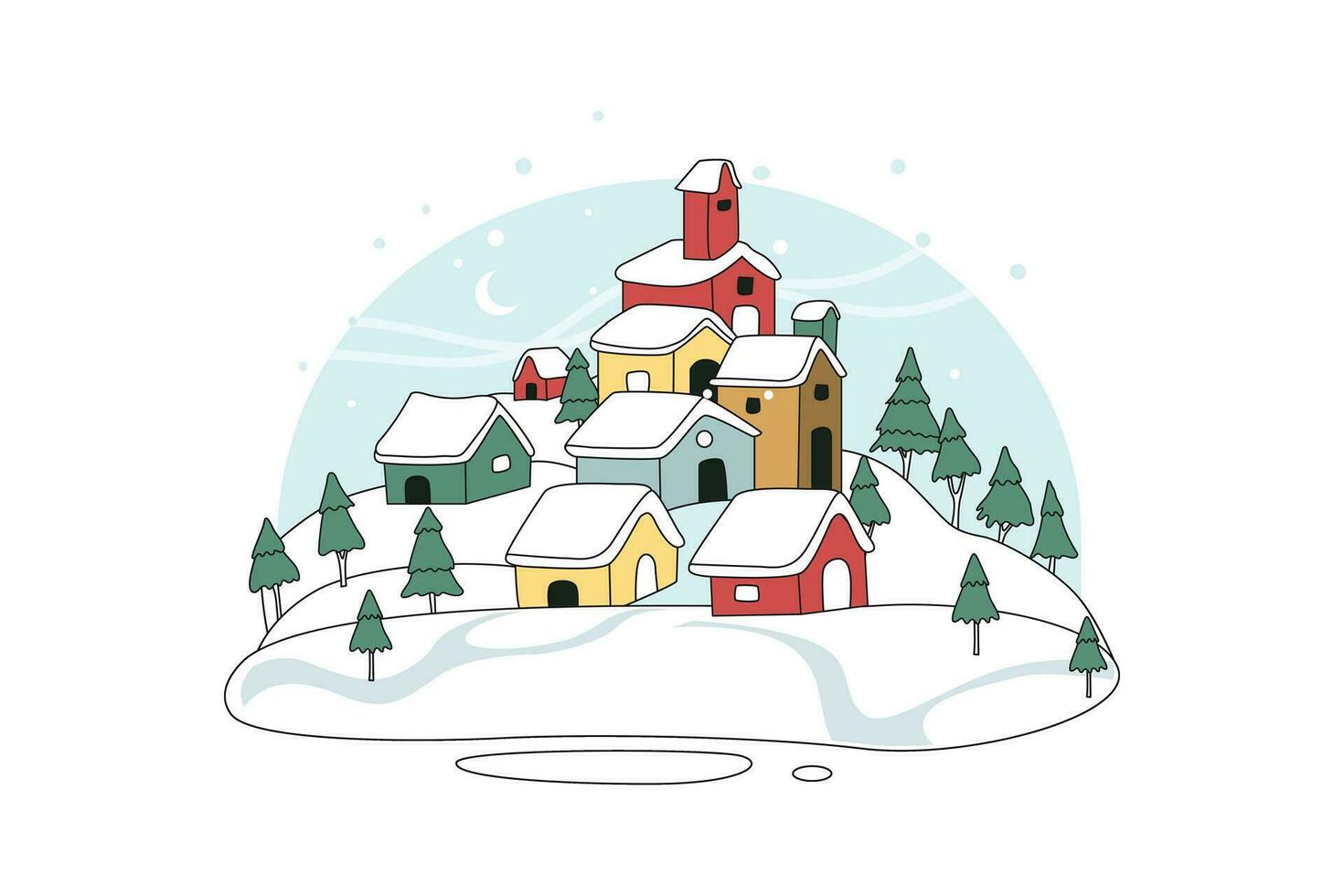 neigeux village - plat illustration vecteur