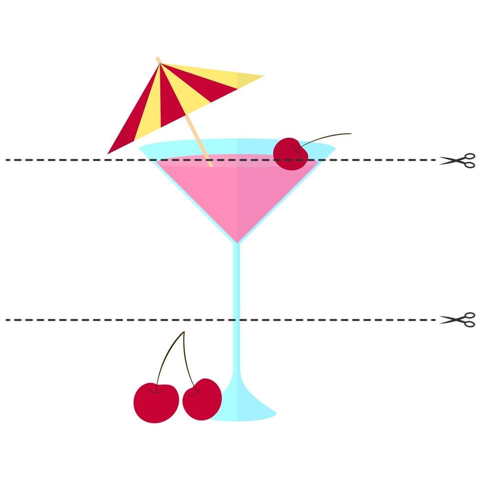 couper l'image en morceaux. cocktail avec cerise et parapluie, verre vecteur