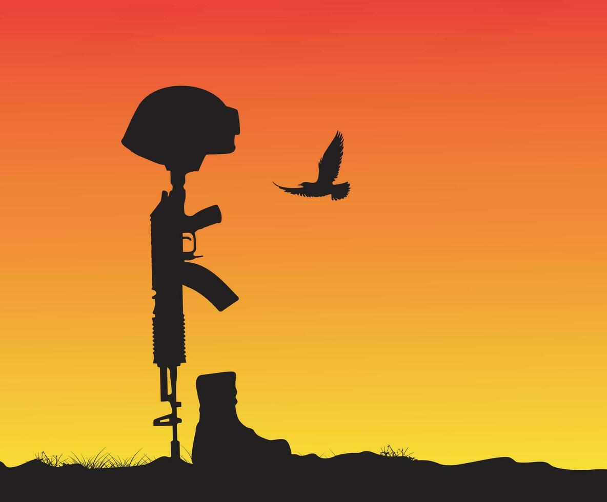 casque pistolet et fusil dans combat bottes silhouette sur coucher de soleil, déchue soldat symbole silhouette vecteur