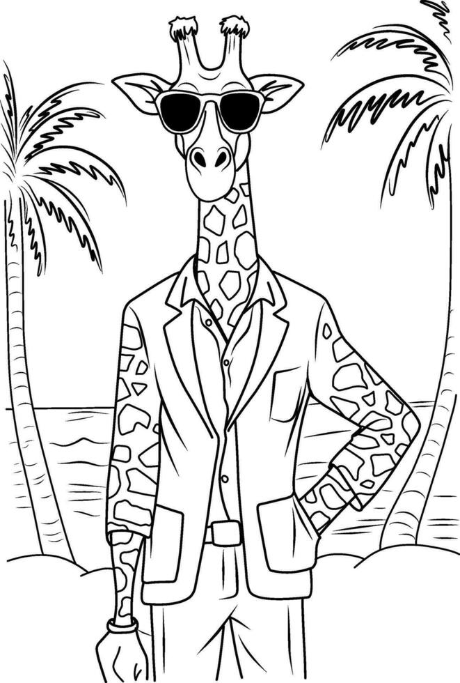 coloration girafe sur le plage. coloration page cool branché girafe dans une chapeau et des lunettes de soleil en buvant une cocktail sur le plage vecteur