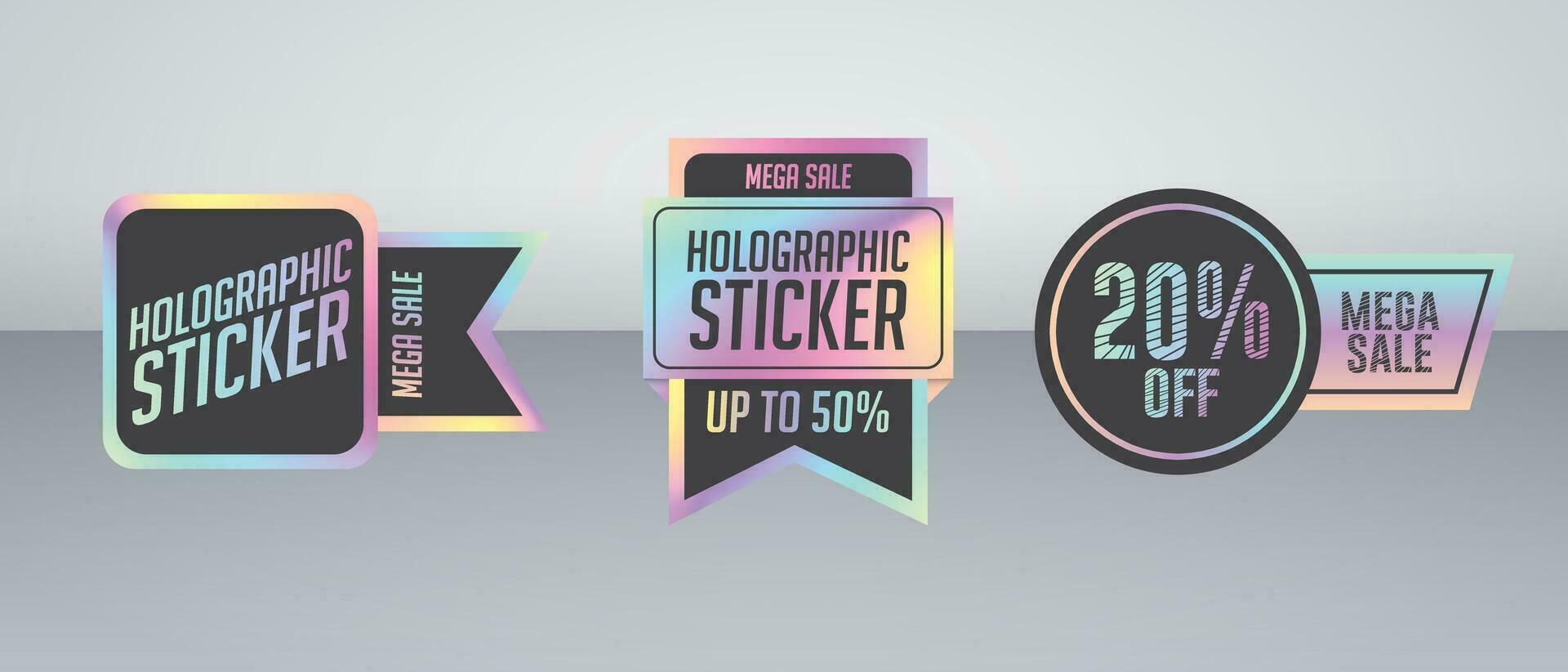 holographique autocollant pack pour ventes, des produits, remises, promotion événements, coloré autocollant conception vecteur