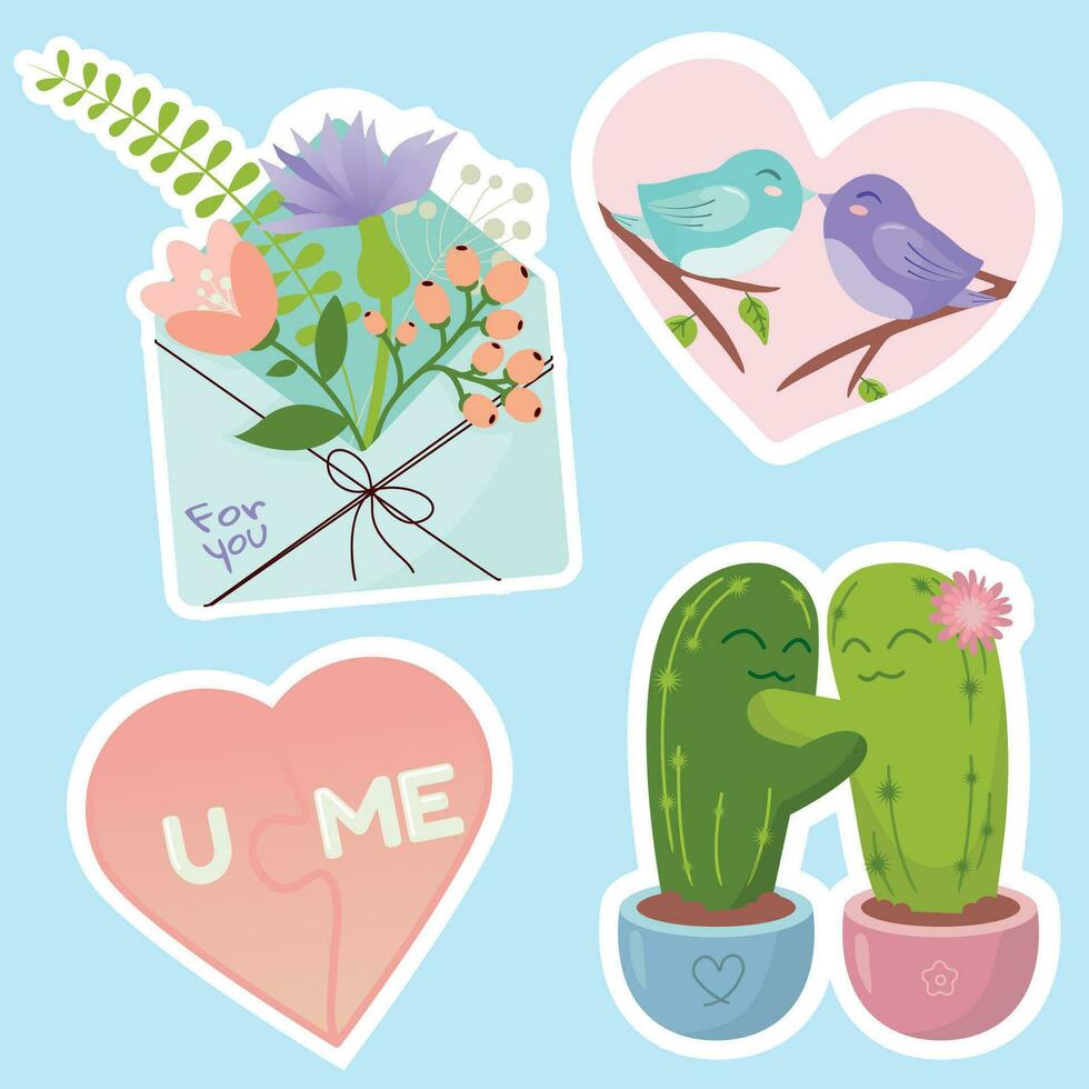 valentines journée icône ensemble. cœur, romantique et l'amour symboles. isolé vecteur images dans plat style, fleurs, des oiseaux, cactus