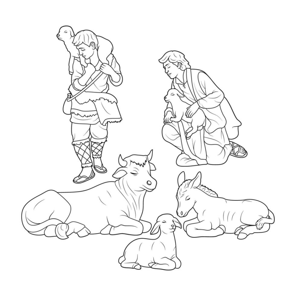 Bethléem bergers et animaux dans le Noël Nativité scène vecteur illustration monochrome contour