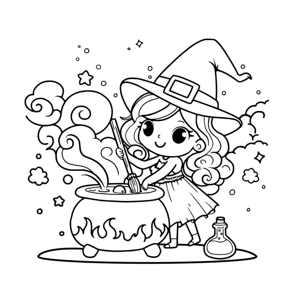 mignonne dessin animé fille dans Halloween sorcière robe et brasseries potion dans sorcière chaudron décrit pour coloration vecteur