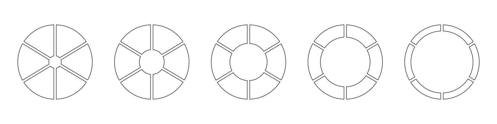 contour Donut graphiques ou tartes segmenté sur 6 égal les pièces. roues rond divisé dans six sections. diagrammes infographie ensemble. cercle section graphique ligne art. tarte graphique Facile icône. géométrique vecteur élément.