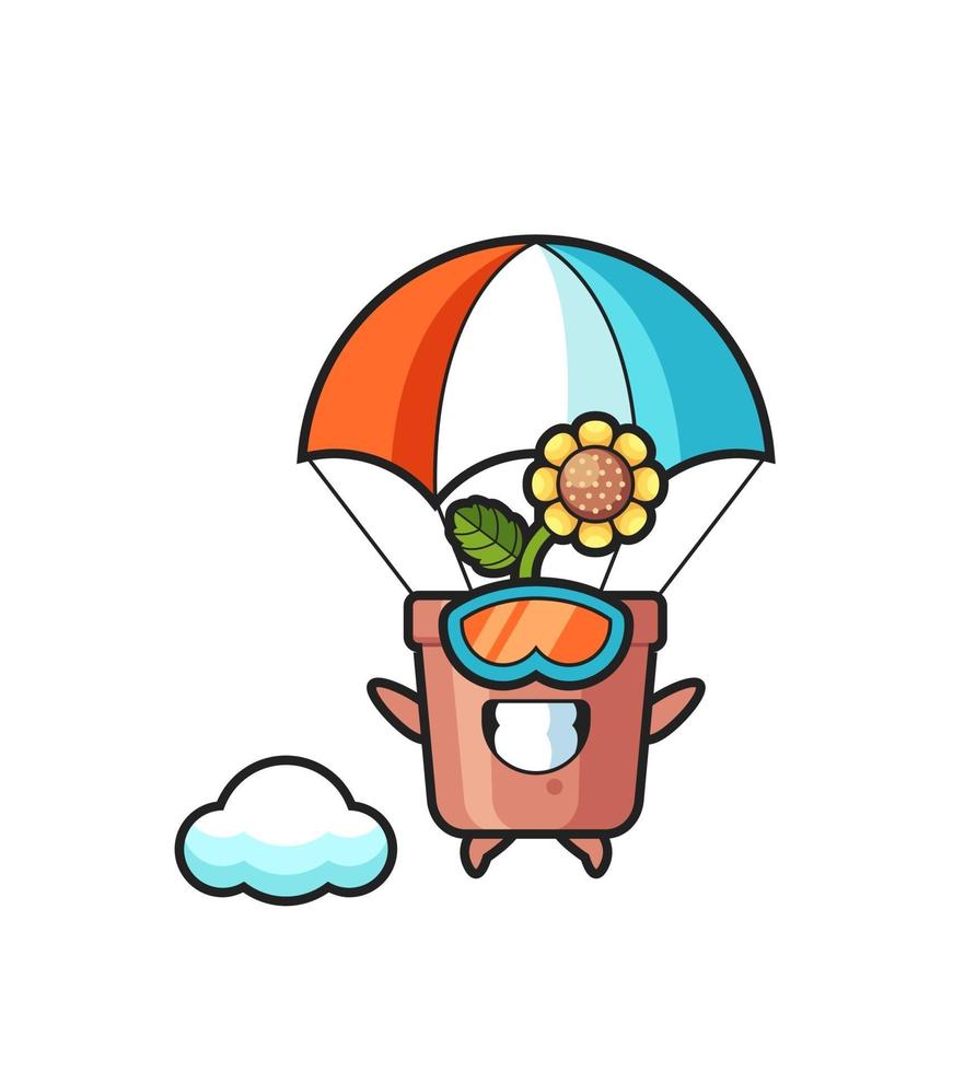 Le dessin animé de mascotte de pot de tournesol saute en parachute avec un geste heureux vecteur