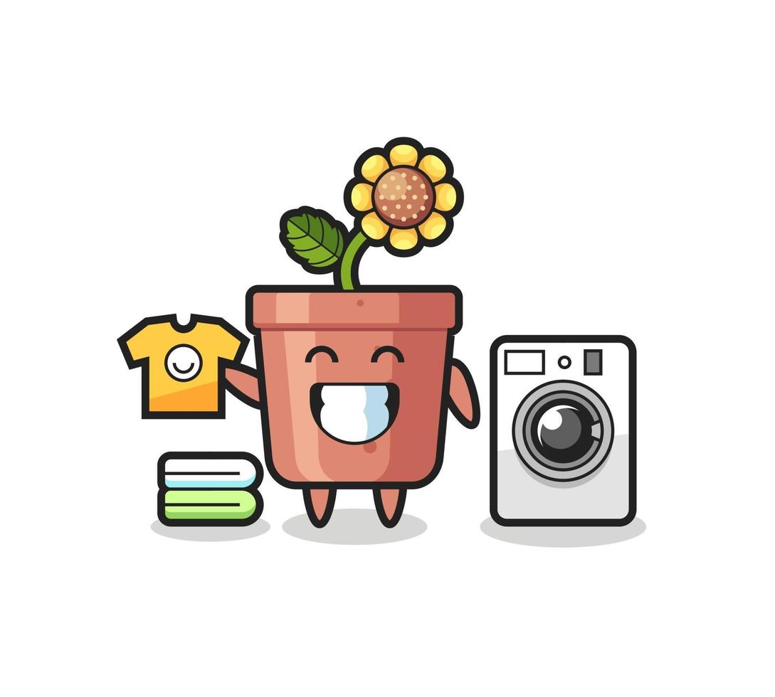 caricature de mascotte de pot de tournesol avec machine à laver vecteur