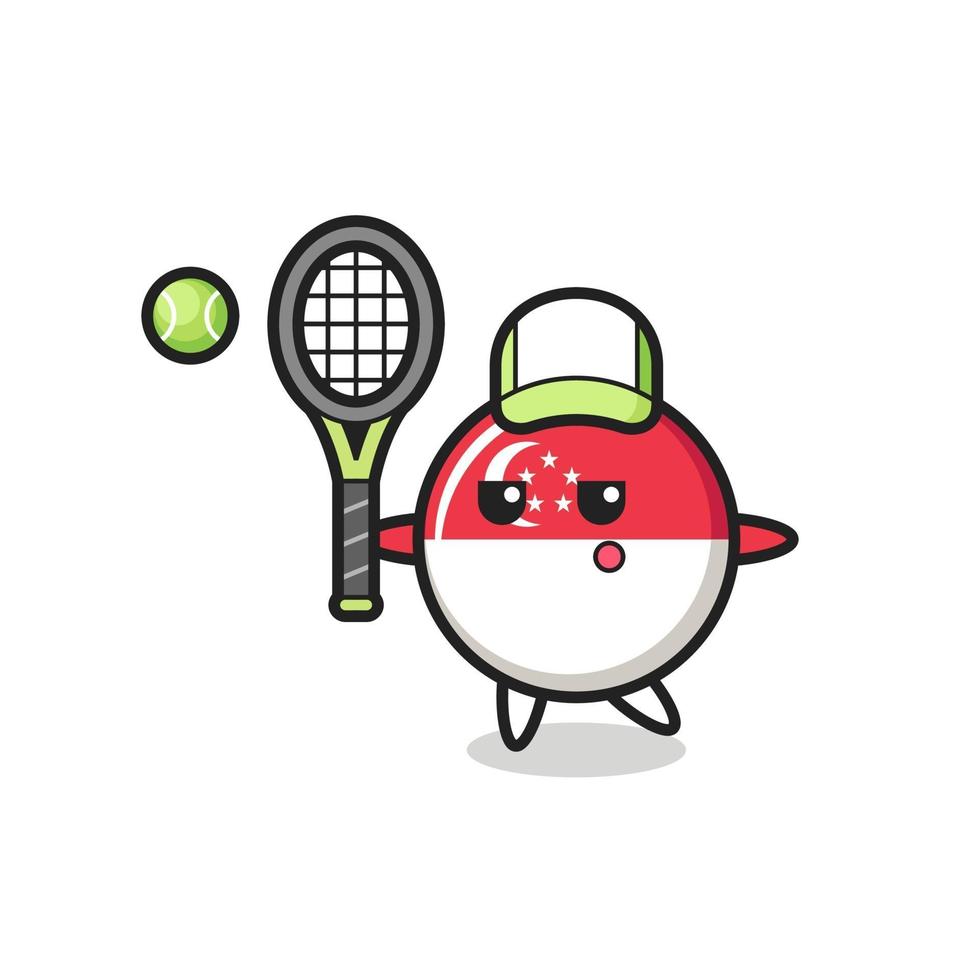 personnage de dessin animé de l'insigne du drapeau de singapour en tant que joueur de tennis vecteur