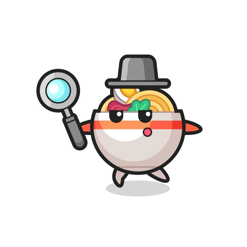 personnage de dessin animé de bol de nouilles recherchant avec une loupe vecteur