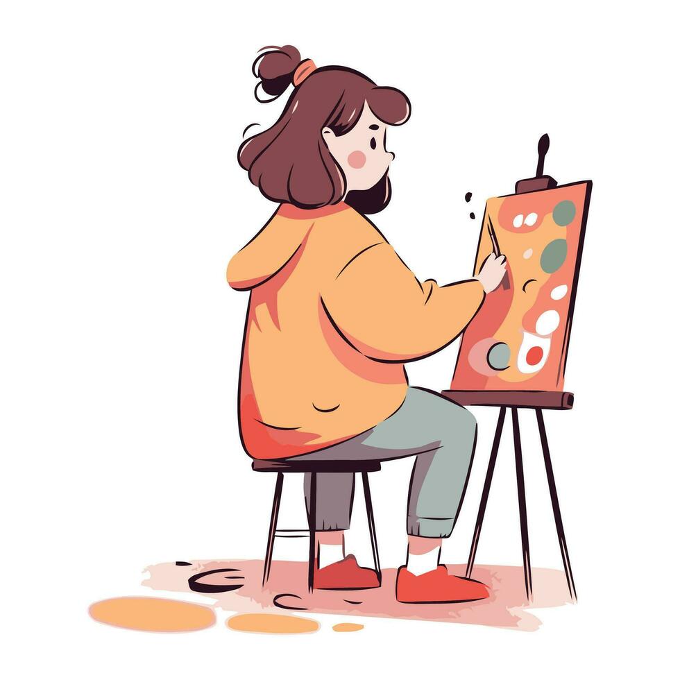 fille La peinture une image sur chevalet. vecteur illustration dans dessin animé style