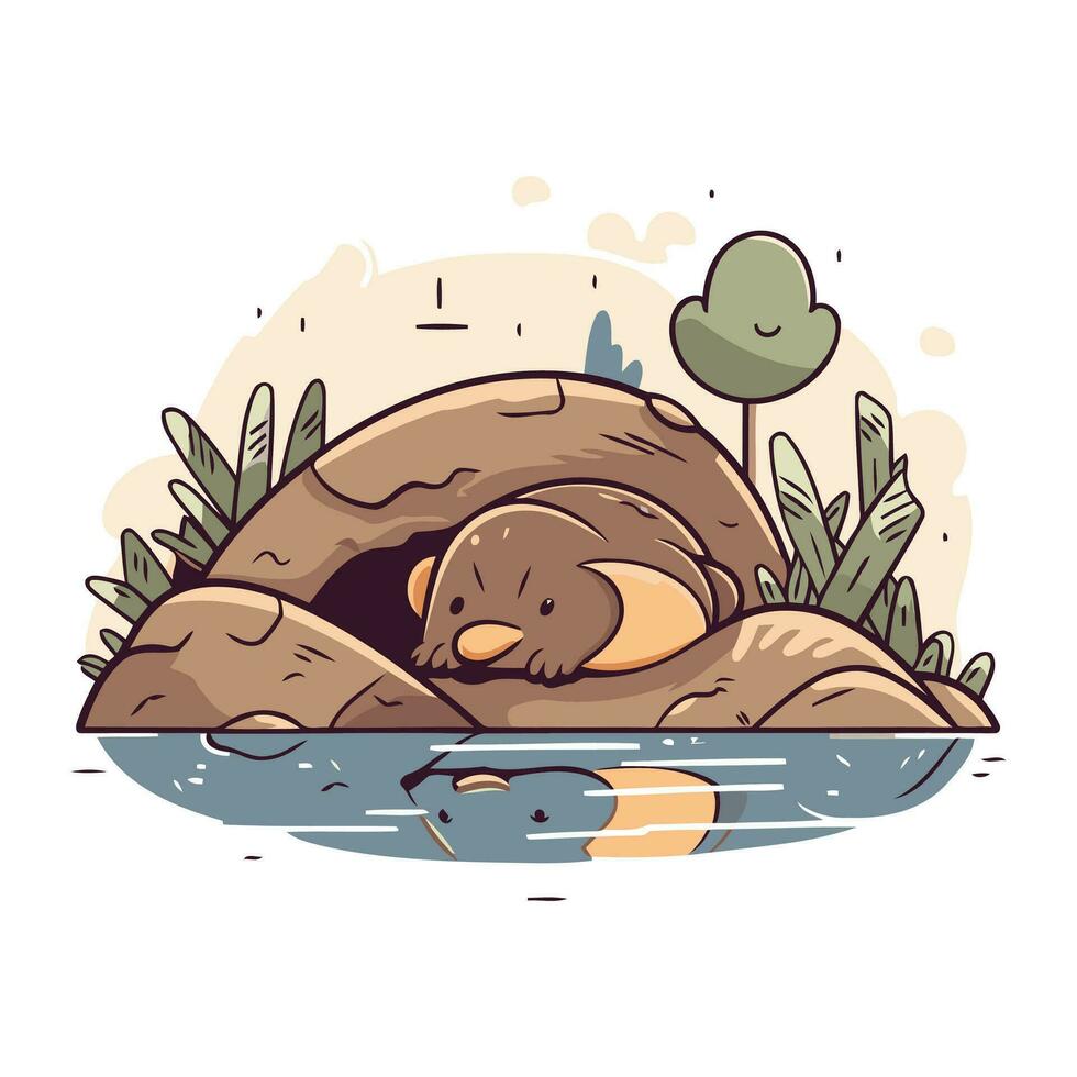mignonne dessin animé hérisson en train de dormir sur une rock. vecteur illustration.