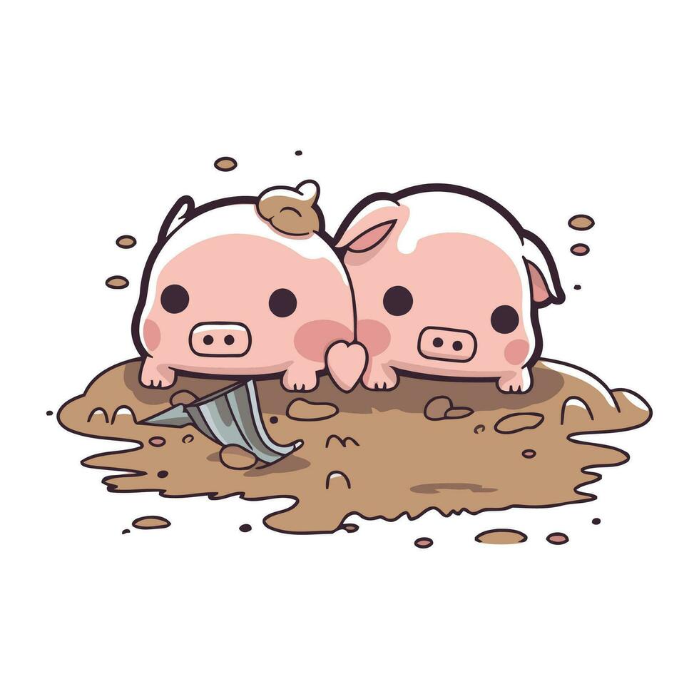mignonne dessin animé les cochons avec une couteau dans le boue. vecteur illustration.