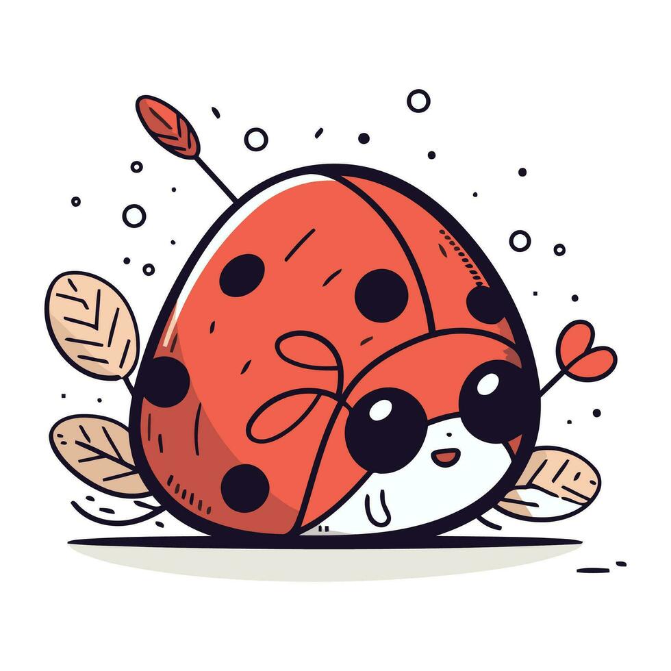 mignonne dessin animé coccinelle avec feuilles et gland. vecteur illustration.