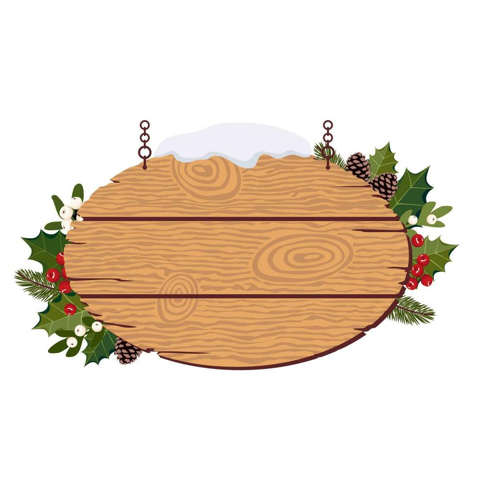 Noël vide en bois pendaison signe avec houx, du gui, Noël arbre branches, neige. couvert de neige ovale signe avec Noël décoration. illustré vecteur clipart.