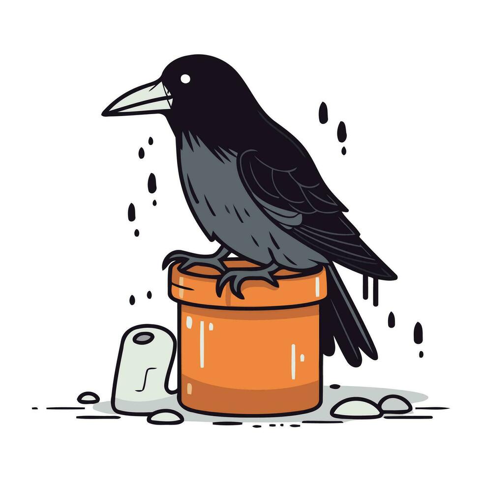 corbeau séance sur une pot avec toilette papier. vecteur illustration.