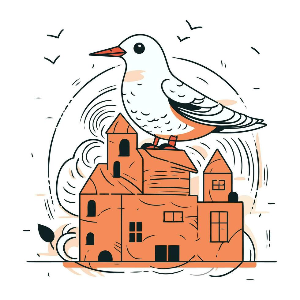 main tiré vecteur illustration de une mouette sur le Contexte de le maison.