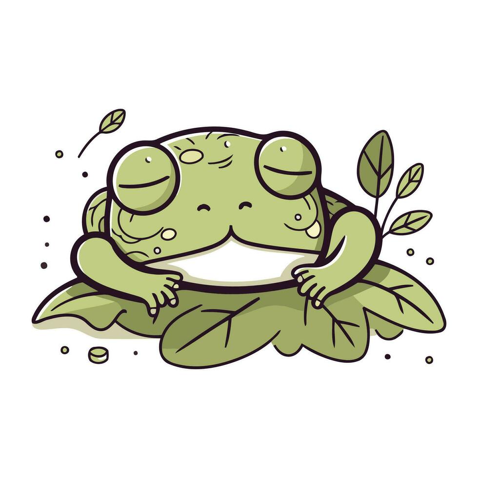 mignonne dessin animé grenouille avec vert feuilles. vecteur illustration isolé sur blanc Contexte.