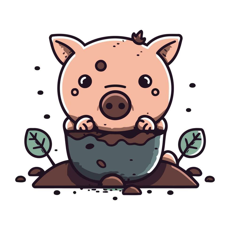 mignonne porc dans une pot. vecteur illustration dans dessin animé style.