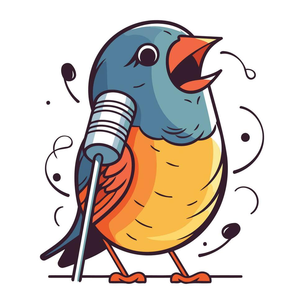 marrant oiseau en chantant avec microphone. vecteur illustration dans dessin animé style.