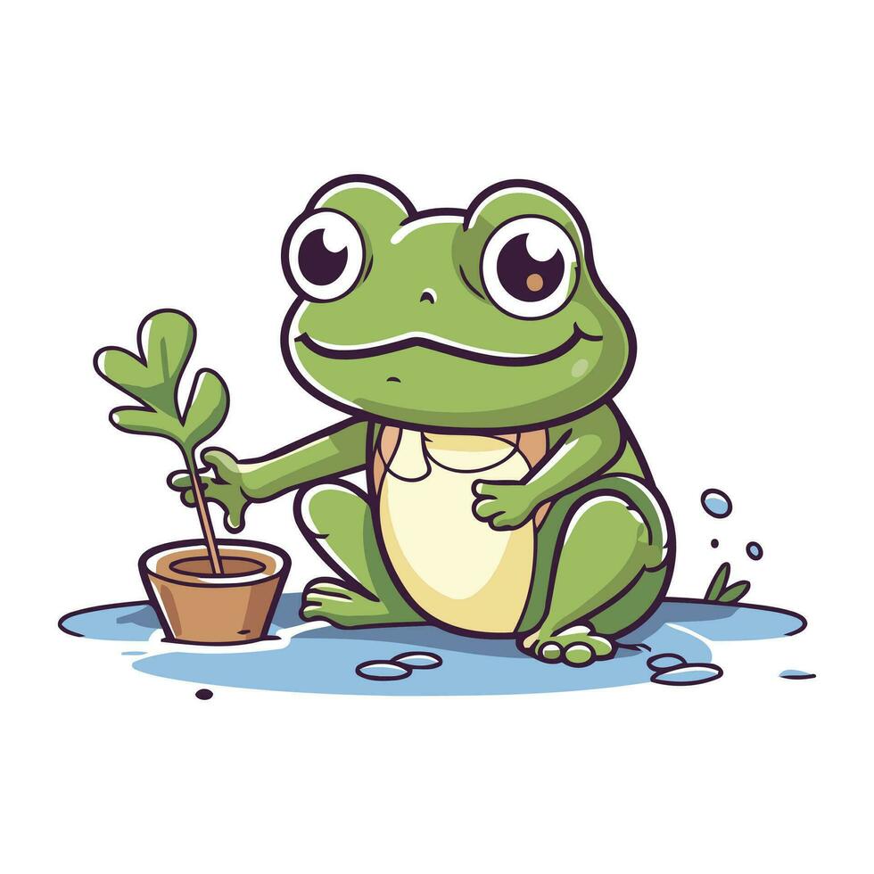 grenouille avec fleur dans pot. vecteur illustration dans dessin animé style.