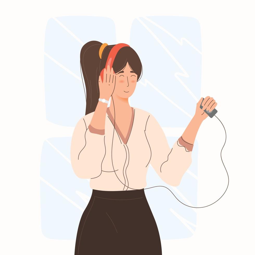 femme portant des écouteurs écoutant de la musique vecteur