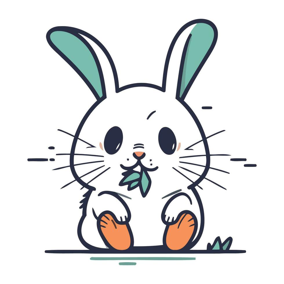 mignonne dessin animé lapin avec fleur dans ses bouche. vecteur illustration.