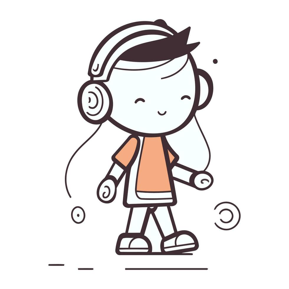 mignonne peu fille écoute à la musique avec écouteurs. vecteur illustration.