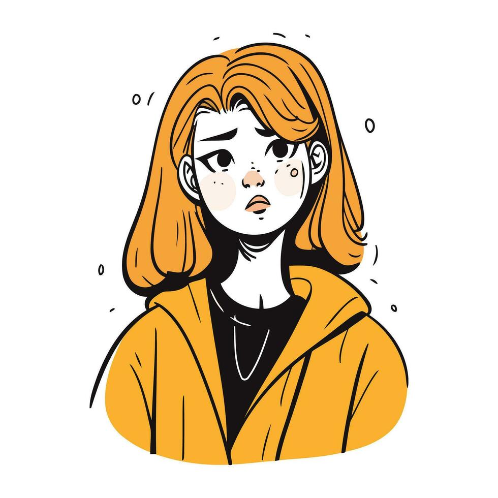 vecteur illustration de une triste femme dans une Jaune manteau. dessin animé style.