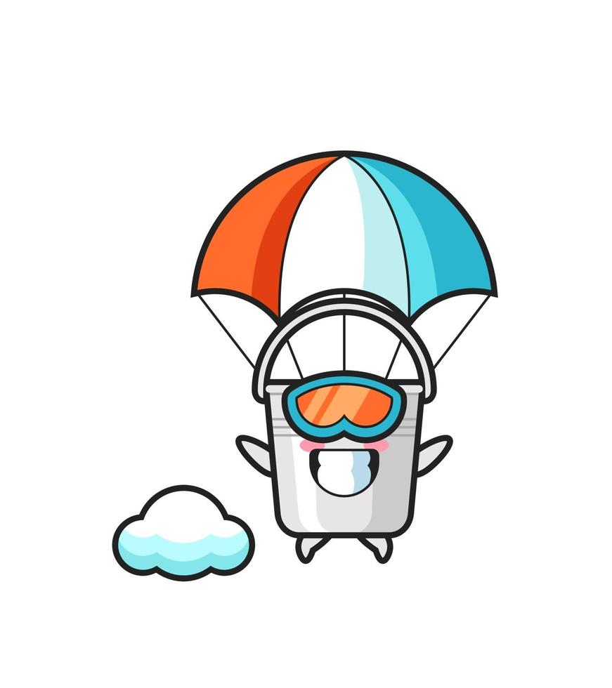La bande dessinée de mascotte de seau en métal saute en parachute avec un geste heureux vecteur
