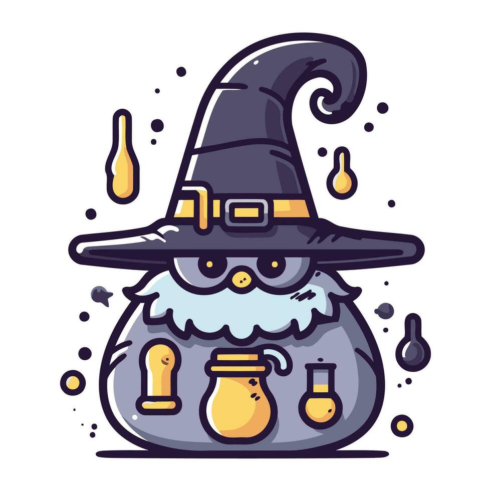 vecteur illustration de mignonne dessin animé sorcière avec la magie potion. isolé contour icône sur blanc Contexte.