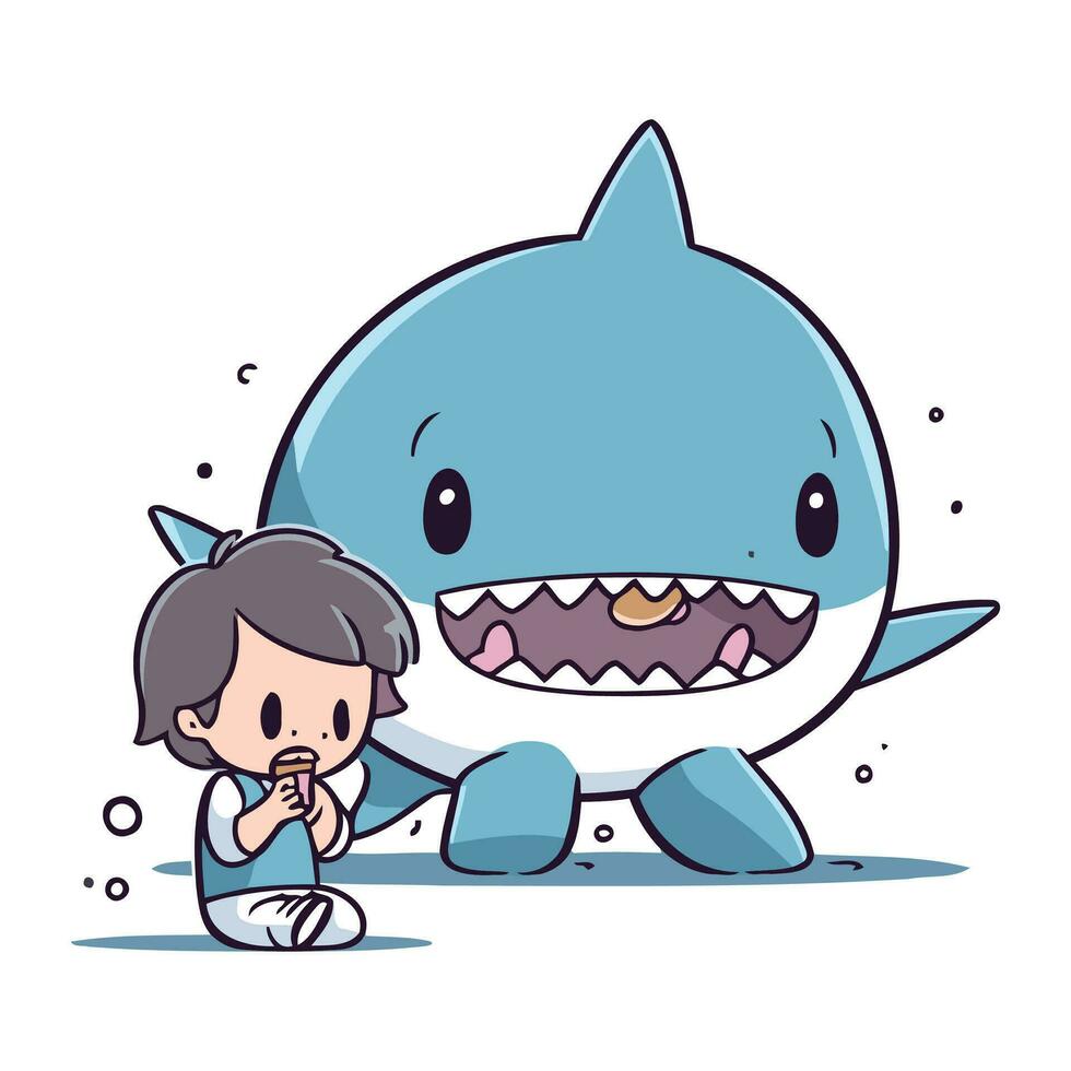 illustration de une peu garçon pleurs et en jouant avec une requin vecteur