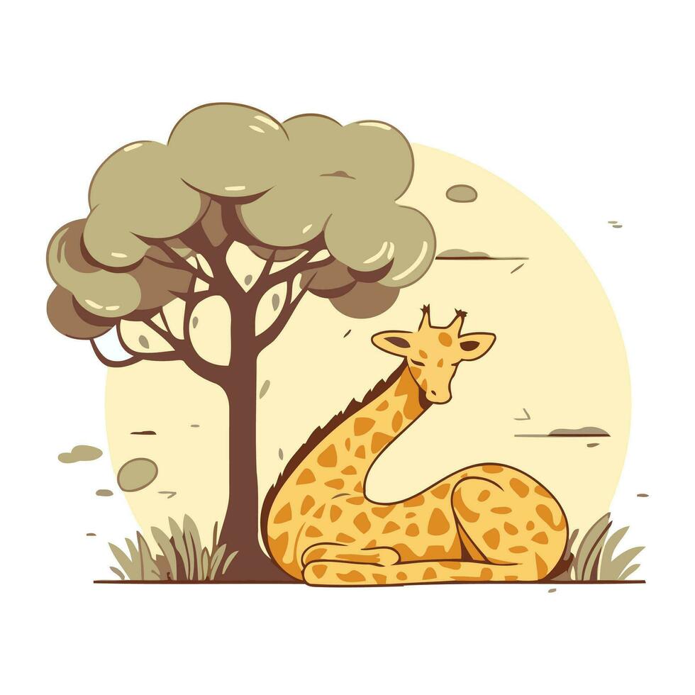 dessin animé girafe séance en dessous de une arbre. vecteur illustration dans plat style.