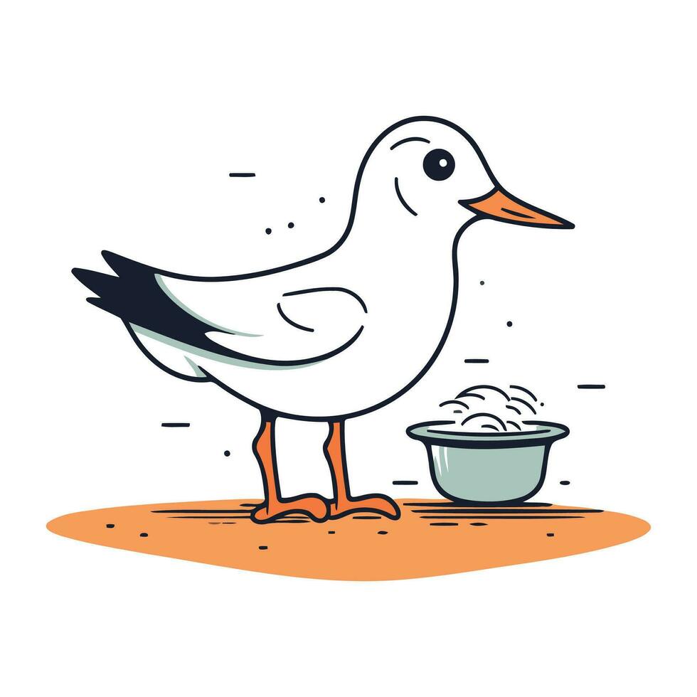 mouette et une bol de aliments. vecteur illustration dans dessin animé style.