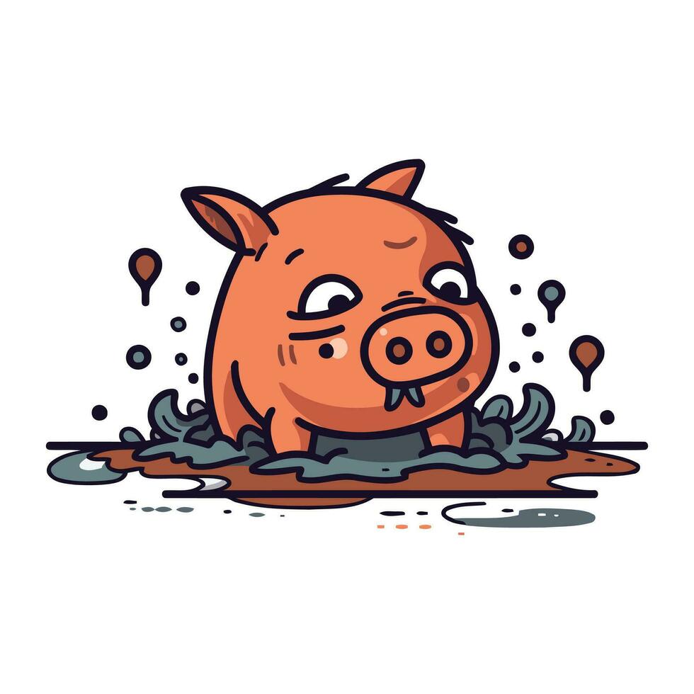 mignonne dessin animé porc dans une boue flaque. vecteur illustration.