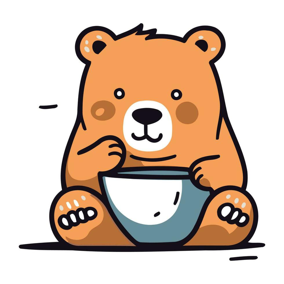 mignonne dessin animé ours avec une tasse de thé. vecteur illustration.