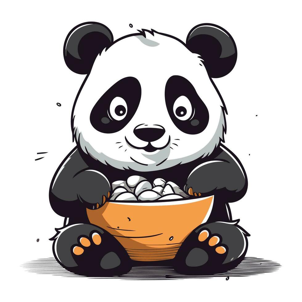 mignonne Panda en mangeant nourriture de une bol. vecteur illustration.