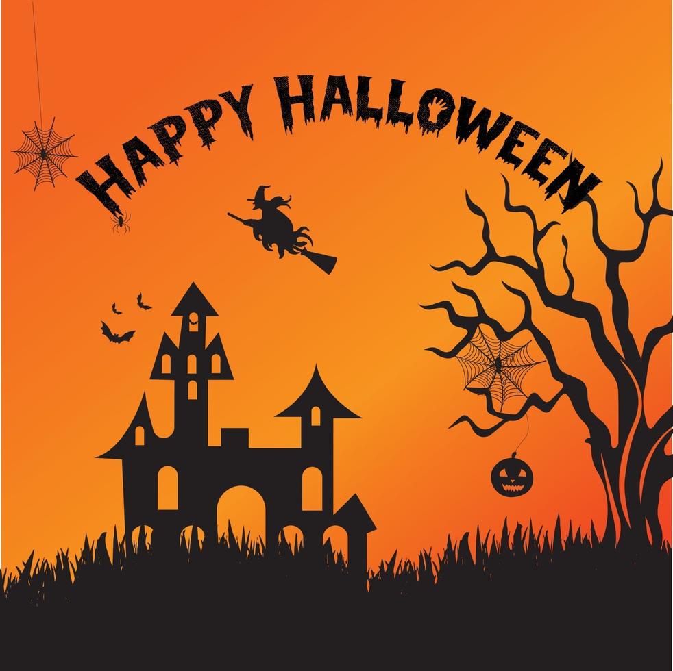 affiche d'halloween avec sorcière, maison hantée vecteur