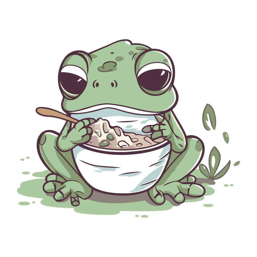 grenouille en mangeant gruau. vecteur illustration de une dessin animé grenouille.