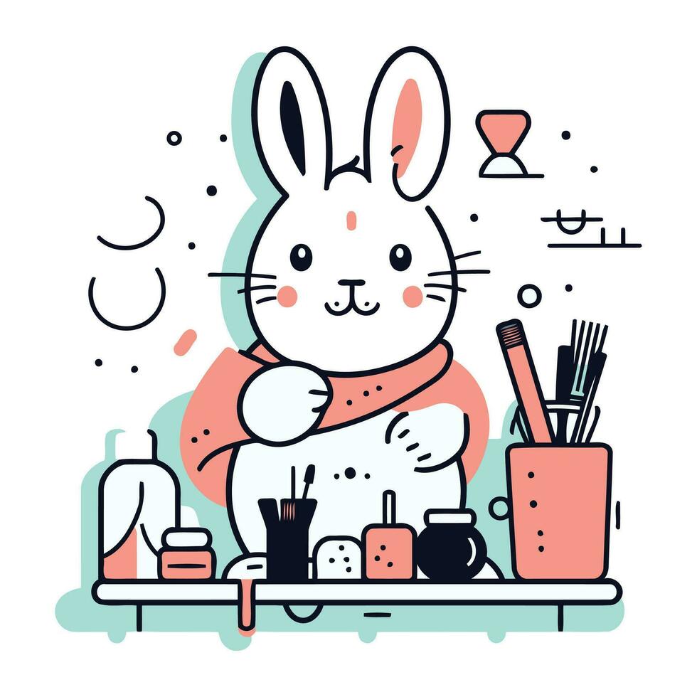 mignonne dessin animé lapin dans le cuisine. vecteur illustration dans une plat style.