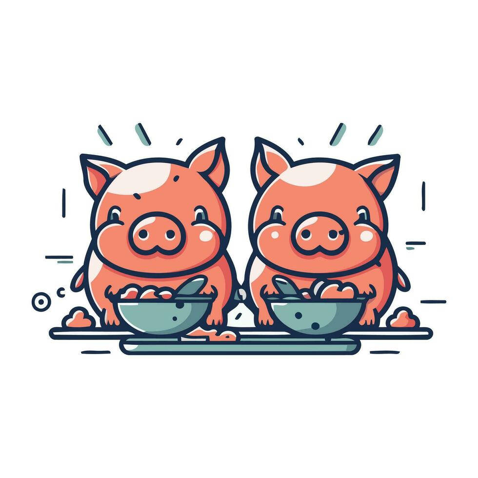 vecteur illustration de deux mignonne les cochons avec bol de bouillie. mignonne dessin animé cochon.