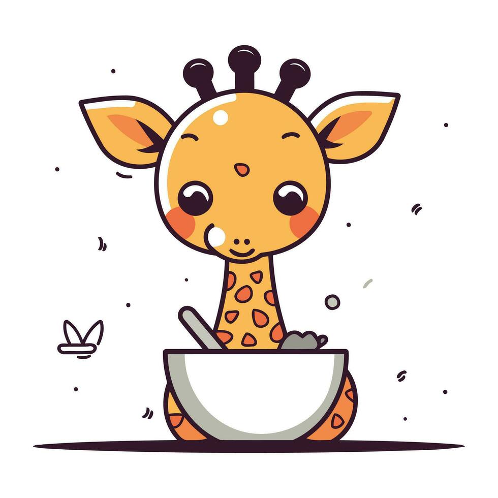 mignonne dessin animé girafe avec bol de soupe. vecteur illustration.