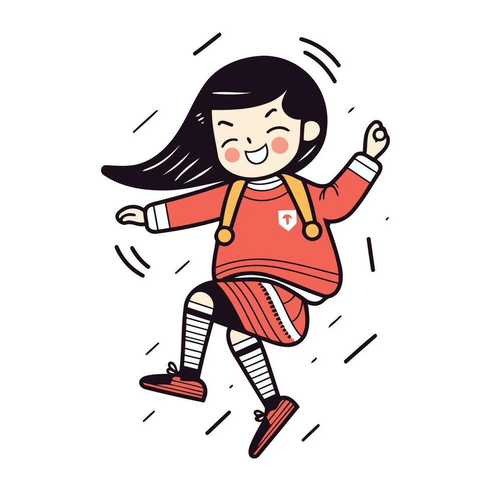 mignonne peu fille en jouant football. vecteur illustration dans griffonnage style.