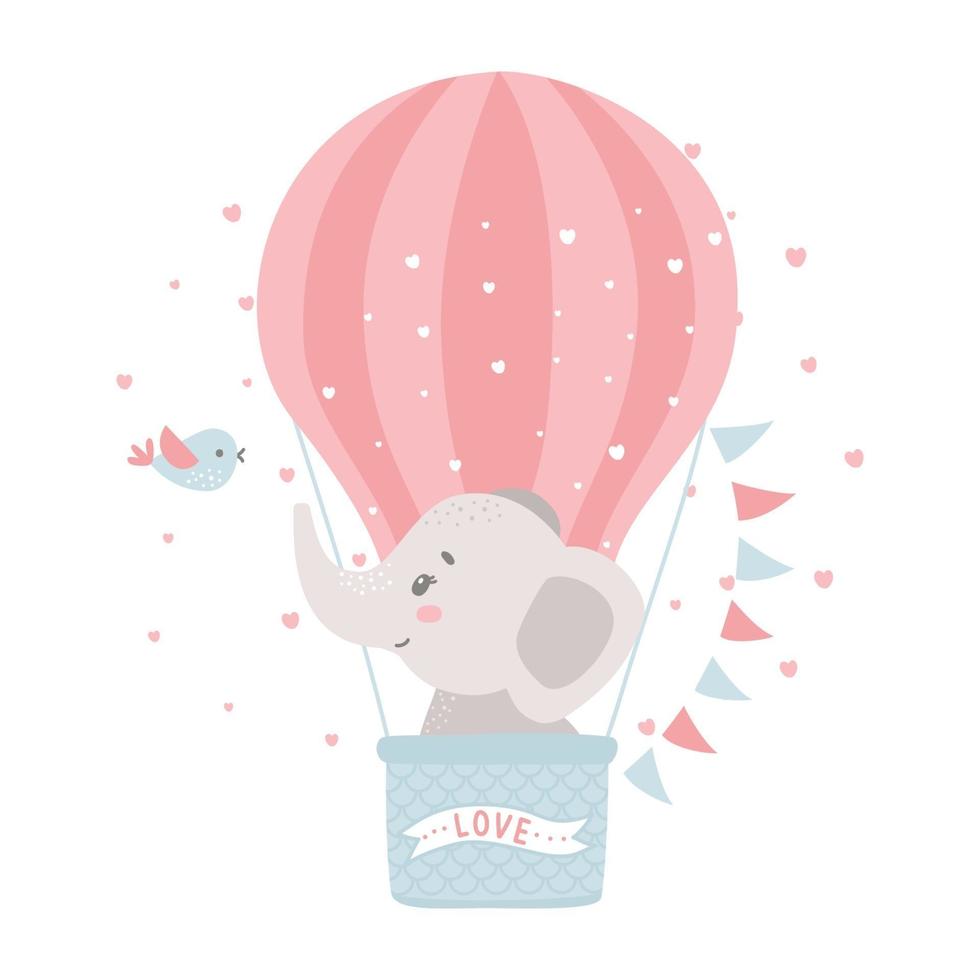 mignon bébé éléphant dans une montgolfière. illustration vectorielle. vecteur