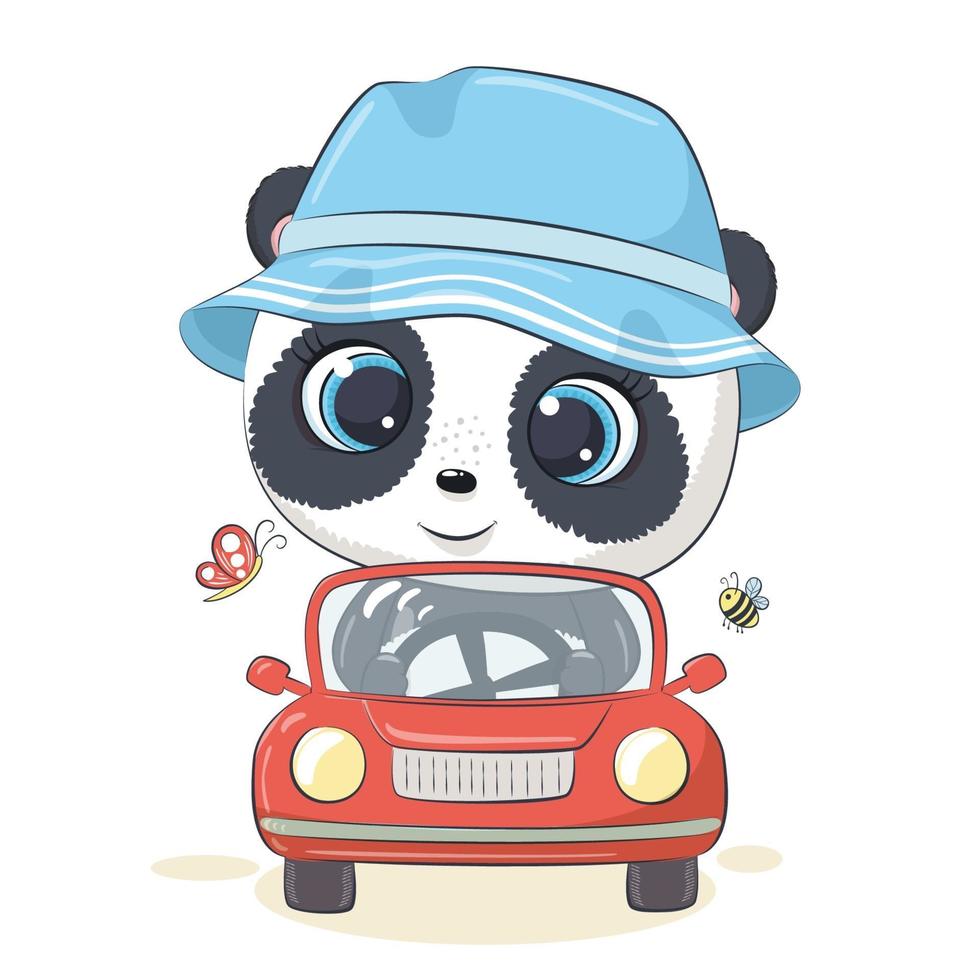 panda mignon conduisant la voiture. illustration vectorielle. vecteur