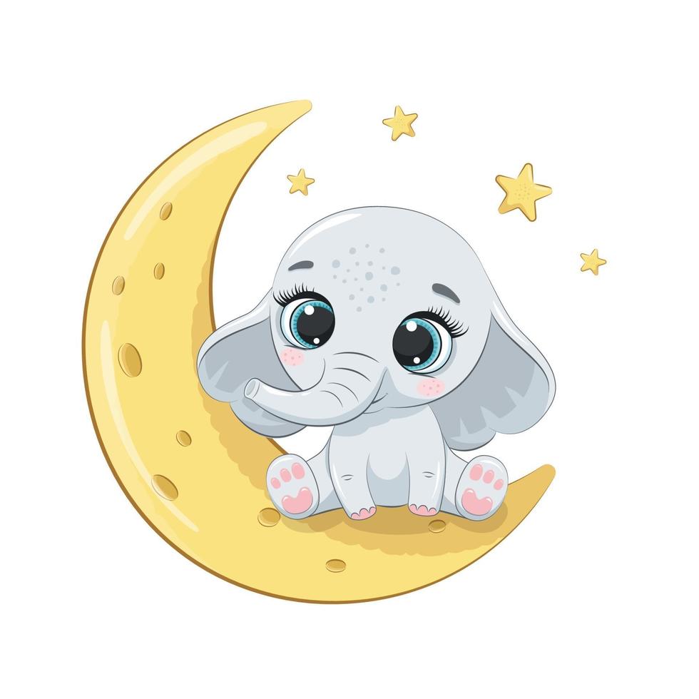 mignon bébé éléphant assis sur la lune. illustration vectorielle. vecteur